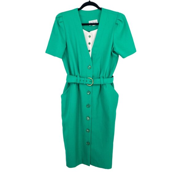 Vintage Peri Petites 80s Dress Kelly Green 14 Button Front Belted Pockets USA - Picture 12 of 12